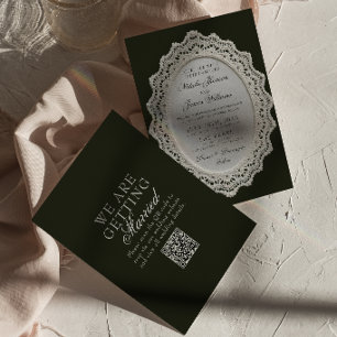 Convites Casamento QR Code de Renda Preta e Branca Vintage