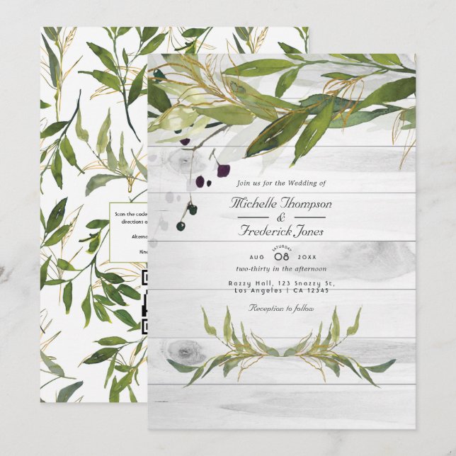 Convites Casamento QR Code de Vegetação em Aquarela Rústica (Frente/Verso)
