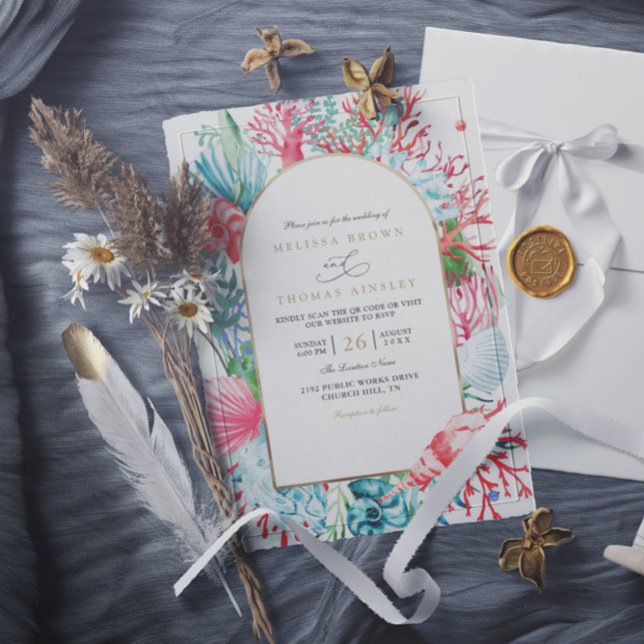 Convites Casamento QR Code Elegante Vida Marinha Turquesa e (Criador carregado)