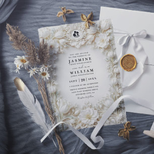 Convites Casamento QR Code Elegante Vintage Relevo Ornament