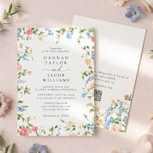 Convites Casamento QR Code Flor Silvestre Vintage Pastel Su