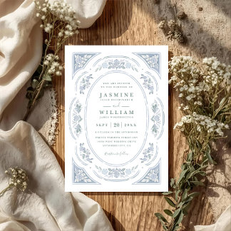 Convites Casamento QR Code Floral Azul Vintage Elegante Chi