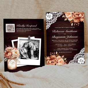 Convites Casamento QR Code Floral de Renda Terracota em Mad