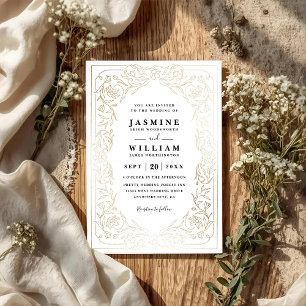Convites Casamento QR Code Floral Vintage Dourado Elegante