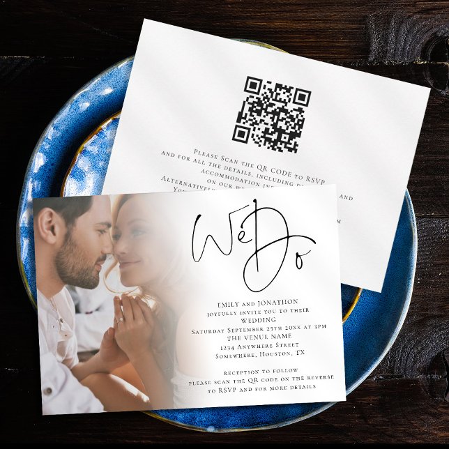 Convites Casamento QR Code Foto Nós Fazemos Roteiro Minimal (Front and back view. Available digitally or printed.)