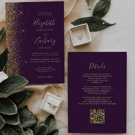 Convites Casamento QR Code Glitter Dourado Falso Roxo Escur