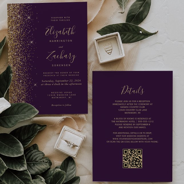 Convites Casamento QR Code Glitter Dourado Falso Roxo Escur (Criador carregado)