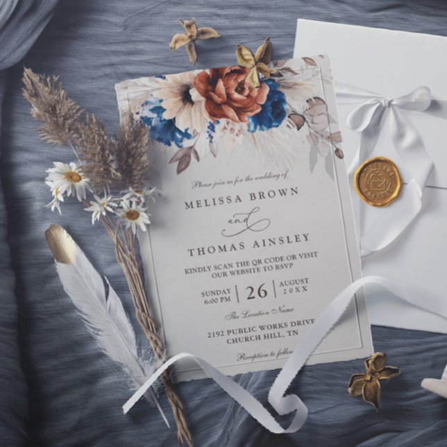 Convites Casamento QR Code Grama de Pampas Azul Marinho Ter (Criador carregado)