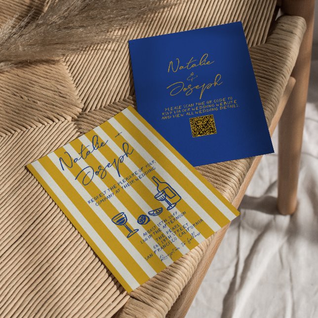 Convites Casamento QR Code Manuscrito Azul Amarelo Italiano (Criador carregado)