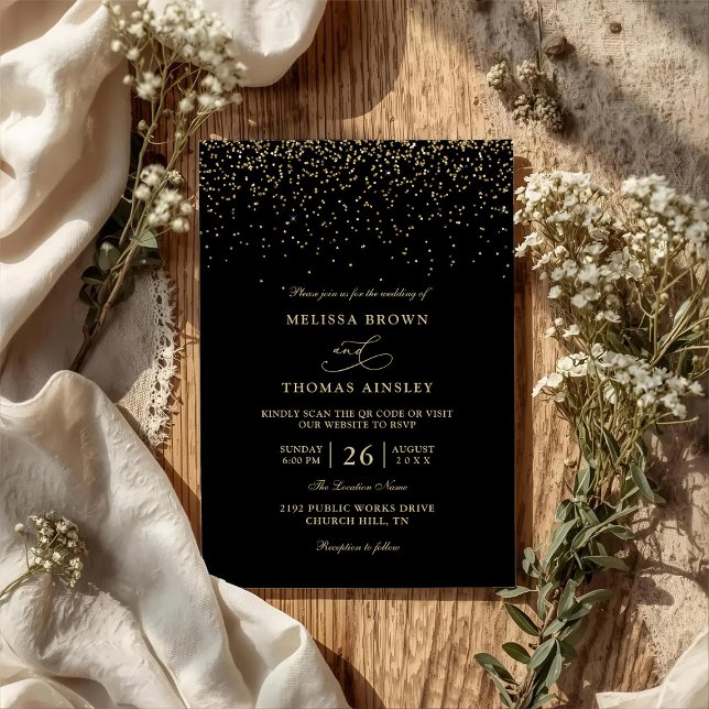 Convites Casamento QR Code Moderno Orçamento Confete Preto  (Criador carregado)