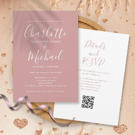 Convites Casamento QR Code Moderno Rosa Empoeirado Roteiro 