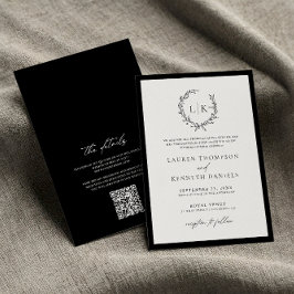 Convites Casamento QR Code Monograma Preto Branco Clássico