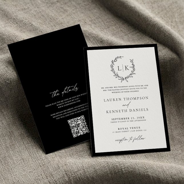 Convites Casamento QR Code Monograma Preto Branco Clássico  (Criador carregado)