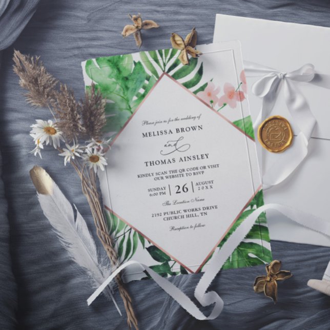Convites Casamento QR Code Orçamento Aquarela Palma Tropica (Criador carregado)