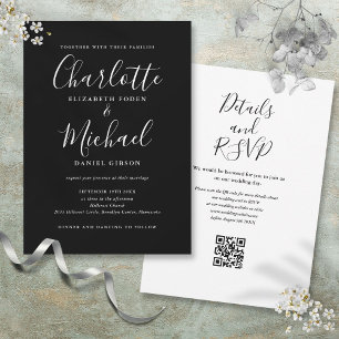 Convites Casamento QR Code Preto e Branco em Letra Elegante