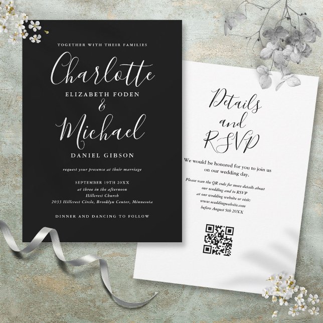 Convites Casamento QR Code Preto e Branco em Letra Elegante (Elegant Script Black And White QR Code Wedding Invitation)