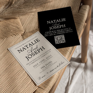 Convites Casamento QR Code Preto e Creme Chique e Antigo Di