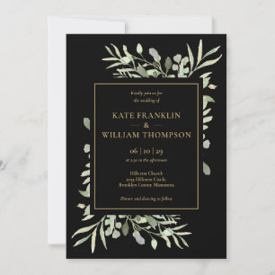 Convites Casamento QR Code Preto e Dourado com Folhagens Tu