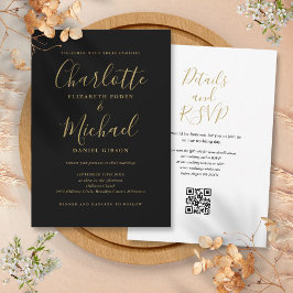 Convites Casamento QR Code Preto E Dourado Script Elegante
