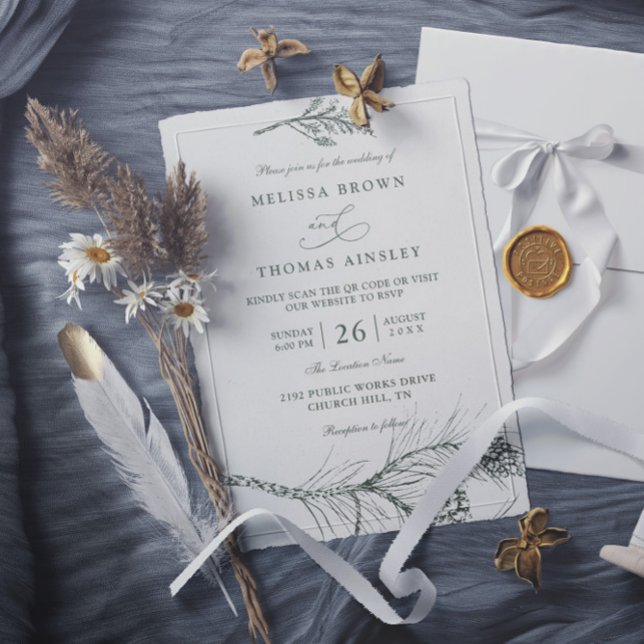 Convites Casamento QR Code Ramo de Pinheiro Rústico Elegant (Criador carregado)
