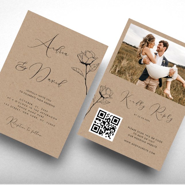 Convites Casamento QR Code RSVP Olhar Rústico Kraft Rosa De (Criador carregado)