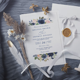 Convites Casamento QR Code Rústico Elegante Chic Azul-Marin