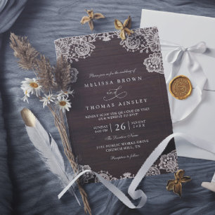 Convites Casamento QR Code Rústico Madeira Renda Vintage El