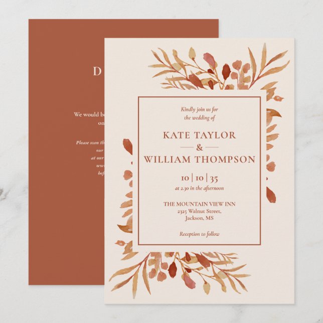 Convites Casamento QR Code Terracota Outono Rústico (Frente/Verso)