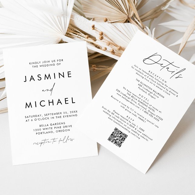 Convites Casamento QR Code Tudo Em Um Roteiro Preto Moderno (Criador carregado)