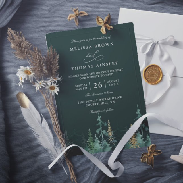 Convites Casamento QR Code Verde Esmeralda e Dourado PINE (Criador carregado)