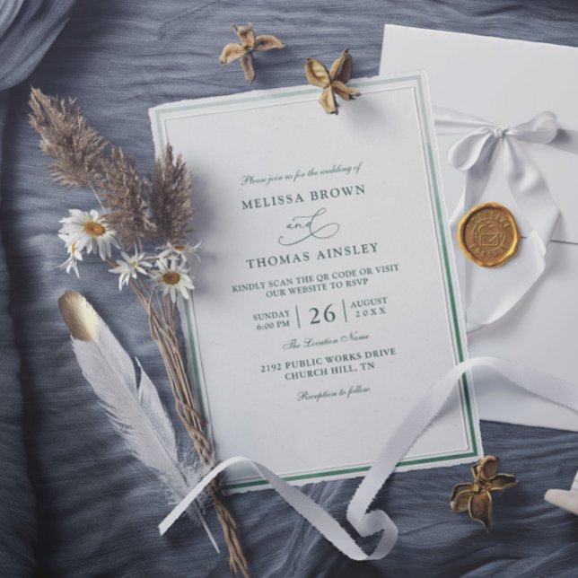 Convites Casamento QR Code Verde Monograma Clássico Orçamen (Criador carregado)