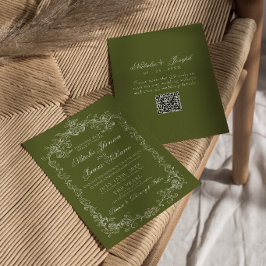 Convites Casamento QR Code Vintage Azeitona Verde Antigo Di