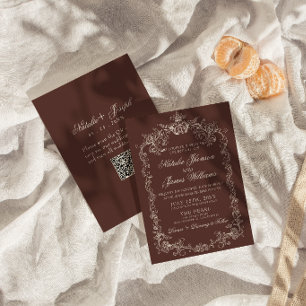 Convites Casamento QR Code Vintage Chocolate Marrom Old Mon