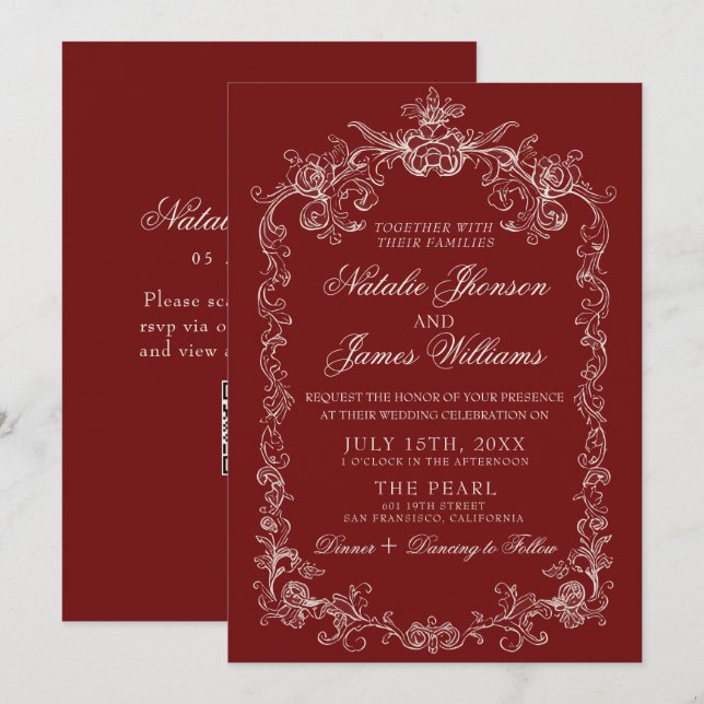 Convites Casamento QR Code Vintage Dinheiro Antigo Vermelho (Frente/Verso)