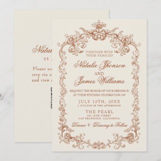 Convites Casamento QR Code Vintage Laranja Queimada Dinheir