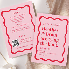 Convites Casamento QR de Casando Retro Rosa e Vermelho