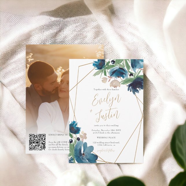 Convites Casamento QR de cor natural azul eslegante (Elegant dusty blue gold Floral Watercolor Wedding Invitation)