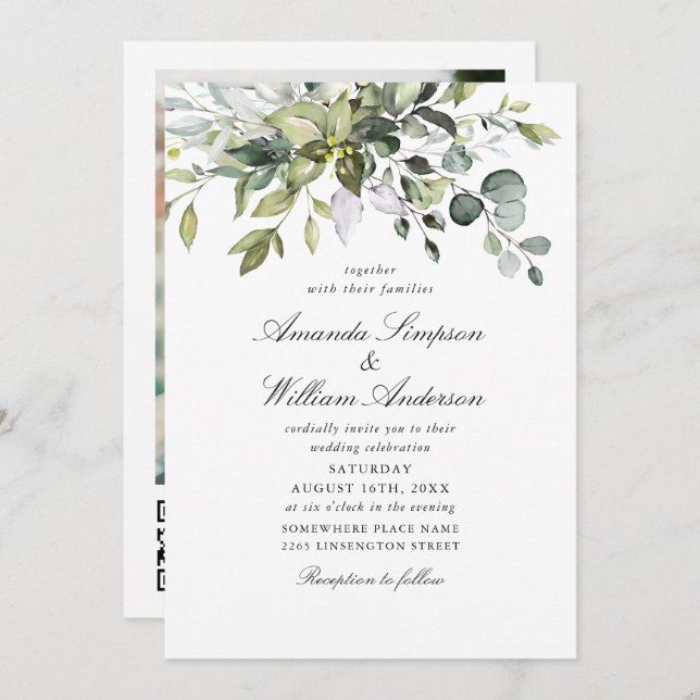 Convites Casamento QR de Eucalyptus com Aquarela Elegante (Frente/Verso)