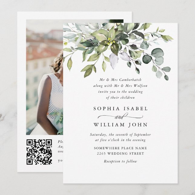 Convites Casamento QR de Eucalyptus com Aquarela Elegante (Frente/Verso)