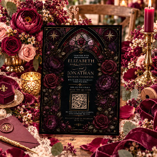 Convites Casamento QR de Vidro Colorido Borgonha Dark Roman