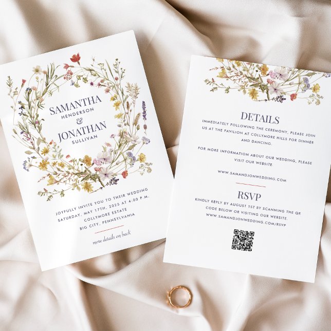 Convites Casamento QR Dupla-Lado de Flor Selvagem (Criador carregado)