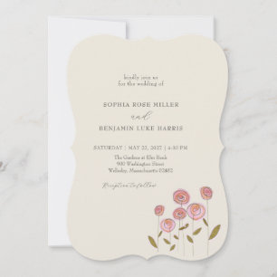 Convites Casamento QR Flores Cor-de-Rosa Desenhadas à Mão C