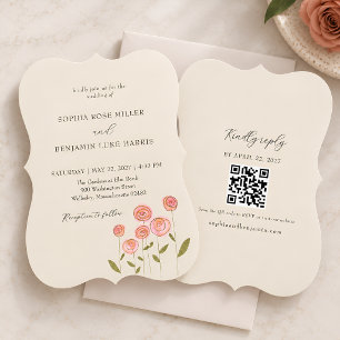Convites Casamento QR Flores Cor-de-Rosa Desenhadas à Mão C