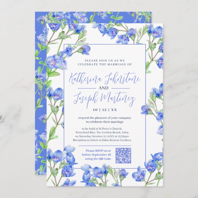 Convites Casamento QR RSVP de flor de aquarela azul de Spee (Frente/Verso)