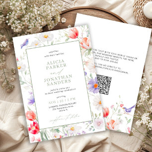 Convites Casamento QR selvagem de flores silvestres em verd