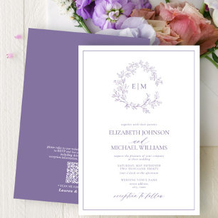 Convites Casamento QRCode Folheto de Lavanda Lilac Monogram