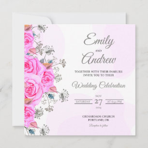 Convites Casamento Quadrado Aquarela Flor de Rosa Pink Selv