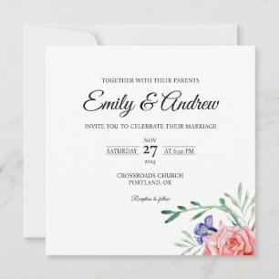 Convites Casamento Quadrado Aquarela Floral Rosa Pêssego