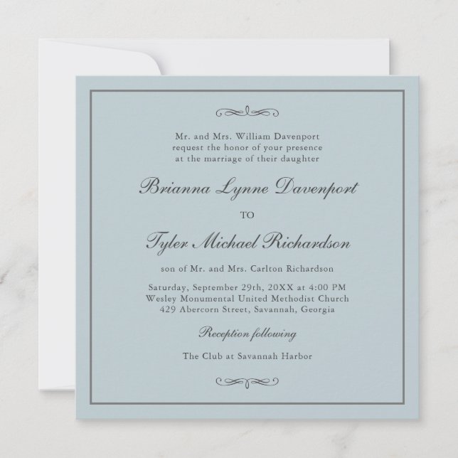 Convites Casamento Quadrado Azul com Elegância Simples Clás (Frente)