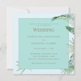 Convites Casamento Quadrado Azul Gélido Tropical & Turquesa
